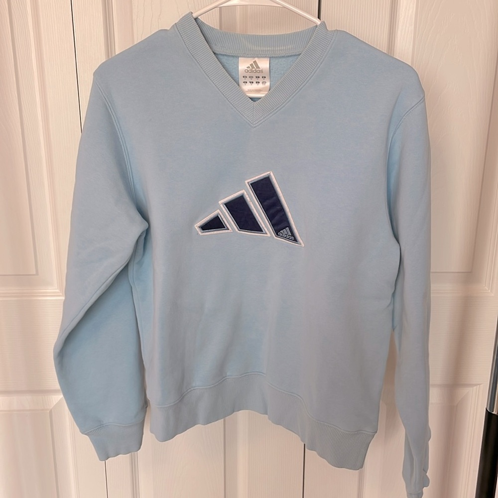 Vintage Adidas Light Blue V-Neck Sweatshirt Size Medium